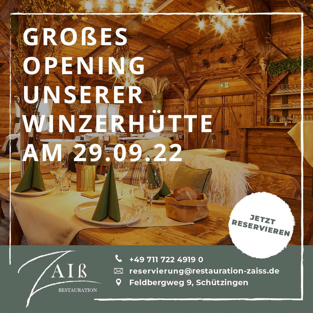 OPENING UNSERER WINZERHÜTTE 😍

Nächste Woche ist es so weit. Unsere Winzerhütte feiert am kommenden Donnerstag, den 29.09.22 ihre große Eröffnung.  🥳

#restaurationzaiss #restaurant #schwäbischeküche #essen #weingutzaiß #opening #schützingen #neueröffnung #erföffnung