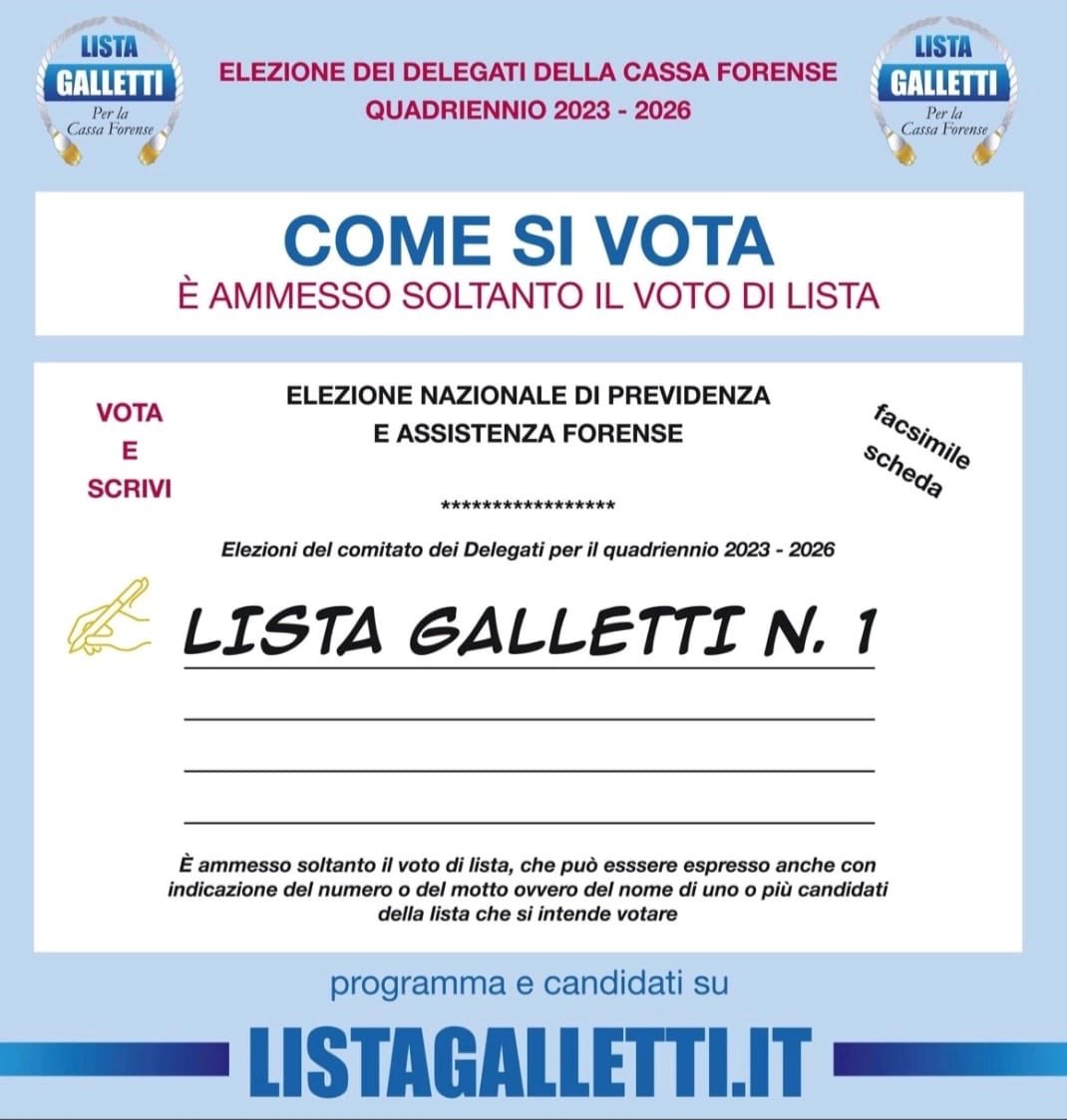 Movimento Forense a sostegno della “LISTA GALLETTI 1” per l’elezione dei delegati alla Cassa Forense a Roma <a href="/MCesali/">Massimiliano Cesali</a> <a href="/alalumia/">Nino La Lumia</a> <a href="/marichiruzza/">Maria Chiara Ruzza</a> <a href="/avvgalletti/">Antonino Galletti</a> <a href="/abernardini3/">Andrea Bernardini</a>