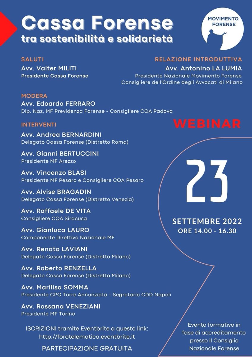 Movimento Forense #webinar 23 settembre ore 14:00-16:30  “CASSA FORENSE: TRA SOSTENIBILITÀ E SOLIDARIETÀ”
<a href="/alalumia/">Nino La Lumia</a> <a href="/MCesali/">Massimiliano Cesali</a> <a href="/radiotribunale/">RadioTribunale</a> <a href="/abernardini3/">Andrea Bernardini</a> <a href="/Avv_E_Ferraro/">Avv. Edoardo Ferraro</a>