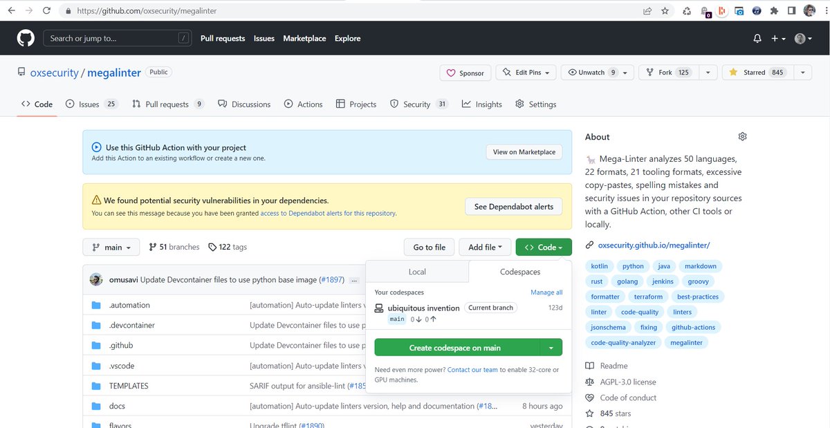 NicolasVuillamy's tweet image. You always dreamed to join the 63 contributors of #MegaLinter by OX Security, but were frightened by the dev env setup instructions ?

Thanks to @omeedmusavi &apos;s PR it is now possible to spin a @github #CodeSpace with one click and have a ready to use dev env in your browser🎉