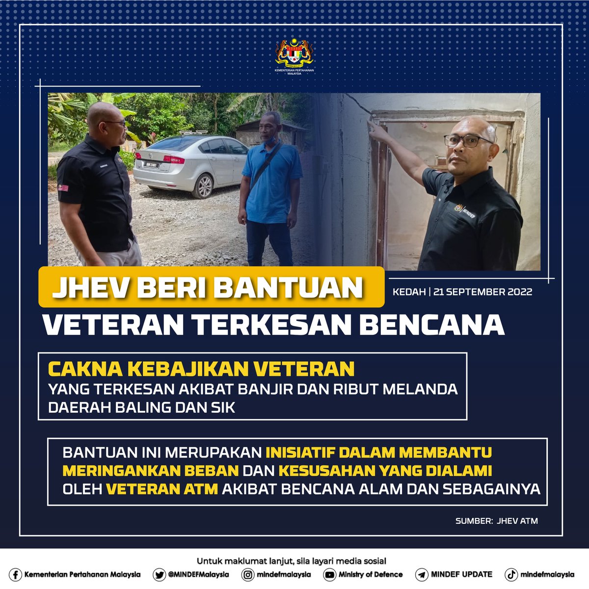 MINDEFMalaysia's tweet photo. JHEV BERI BANTUAN VETERAN TERKESAN BENCANA
Cakna kebajikan veteran yang terkesan akibat banjir dan ribut melanda daerah Baling dan Sik.
#MindefUpdate
#MindefMalaysia
#KebajikanVeteranATM
#Jhevprihatin
#KebajikanAnggotaTentera
#AKMMindef https://t.co/iYMQ5y126X