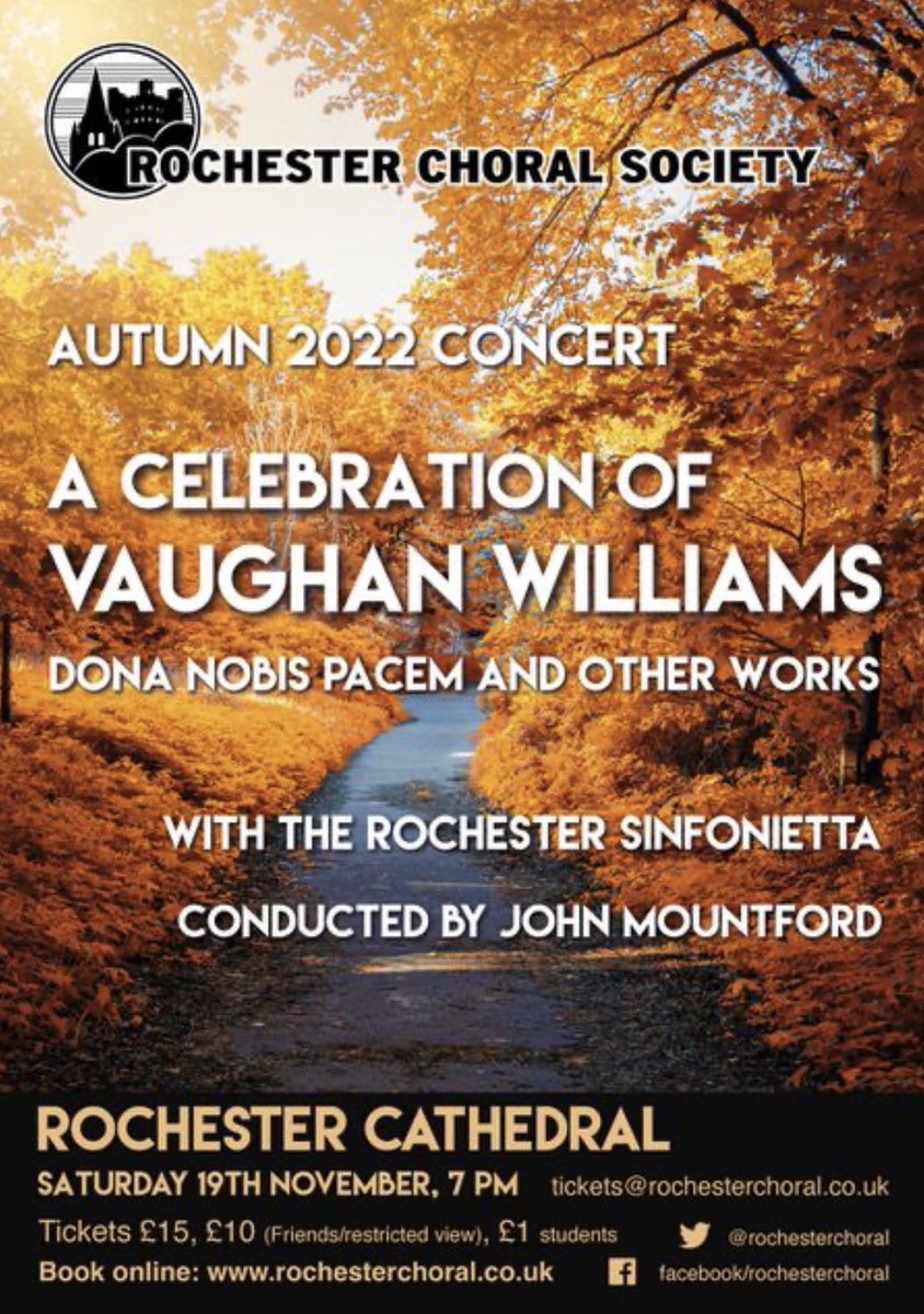 rochesterchoral's tweet photo. Celebrate with us the wonderful Vaughan Williams on the 150th anniversary of his birth! 

Dona Nobis Pacem, the Lark Ascending &amp; more - Saturday November 19th 7.00pm @RochesterCathed. 

Tickets £10.00/£15.00 (students £1.00). Details here:
https://t.co/d7UhENaNil

Please share 😀 https://t.co/dA0z01z0g5