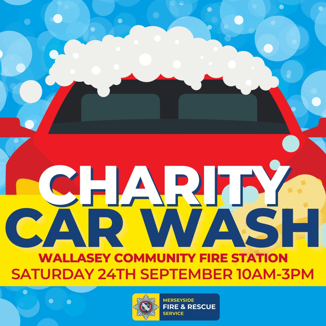 MerseyFire's tweet photo. 🧽Car in need of a clean?

Firefighters at #Wallasey Community Fire Station will be holding a charity car wash this Saturday, 24th September. 
Pop down between 10am and 3pm and help the team raise money for their local Scouting group. https://t.co/gp4rmjMSHM