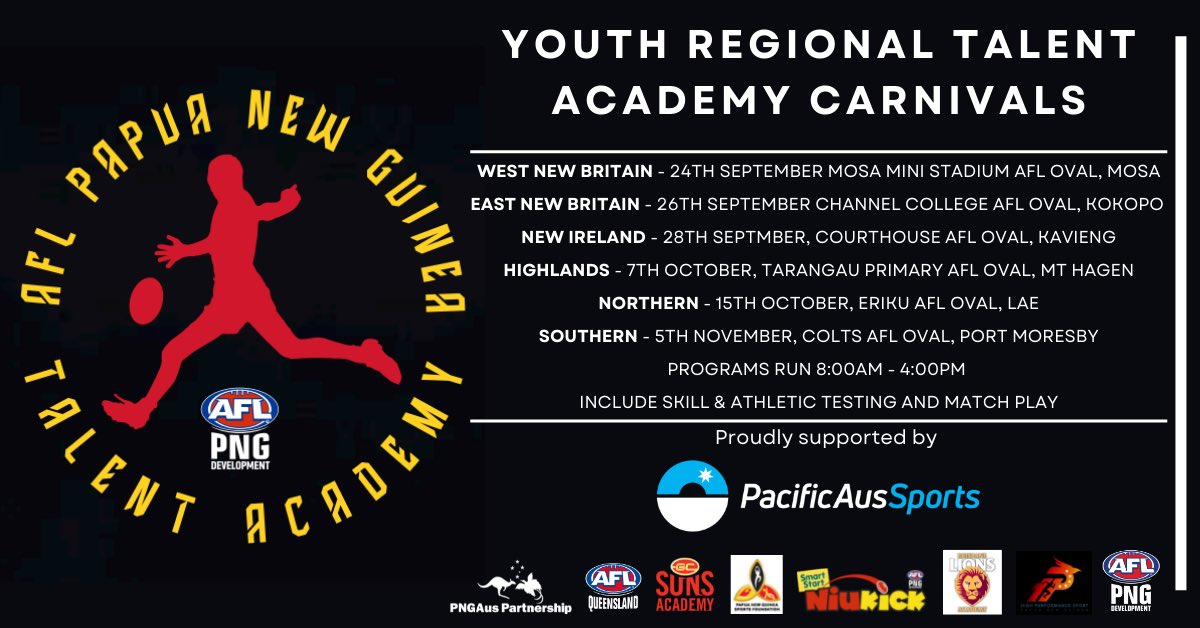 AFLPNG National Talent Academy is hosting youth championships over the coming months starting this weekend

This is an important step in the AFL South Pacific High Performance Pathway &amp; proudly supported by PacificAus Sports

#AFLPNGTalentAcademy #PacificAusSports #PNGTalent 🇵🇬💪