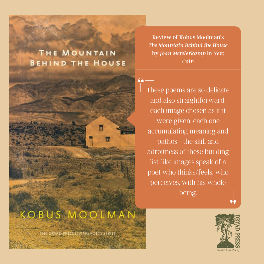 Read Joan Metelerkamp’s full review of Kobus Moolman’s "The Mountain Behind the House”  appearing in New Coin. 
“Sometimes it is difficult to review a book [...]. It knocks you a little speechless.” (Llink in our bio).
#newcoin #joanmetelerkamp #kobusmoolman #bookreview