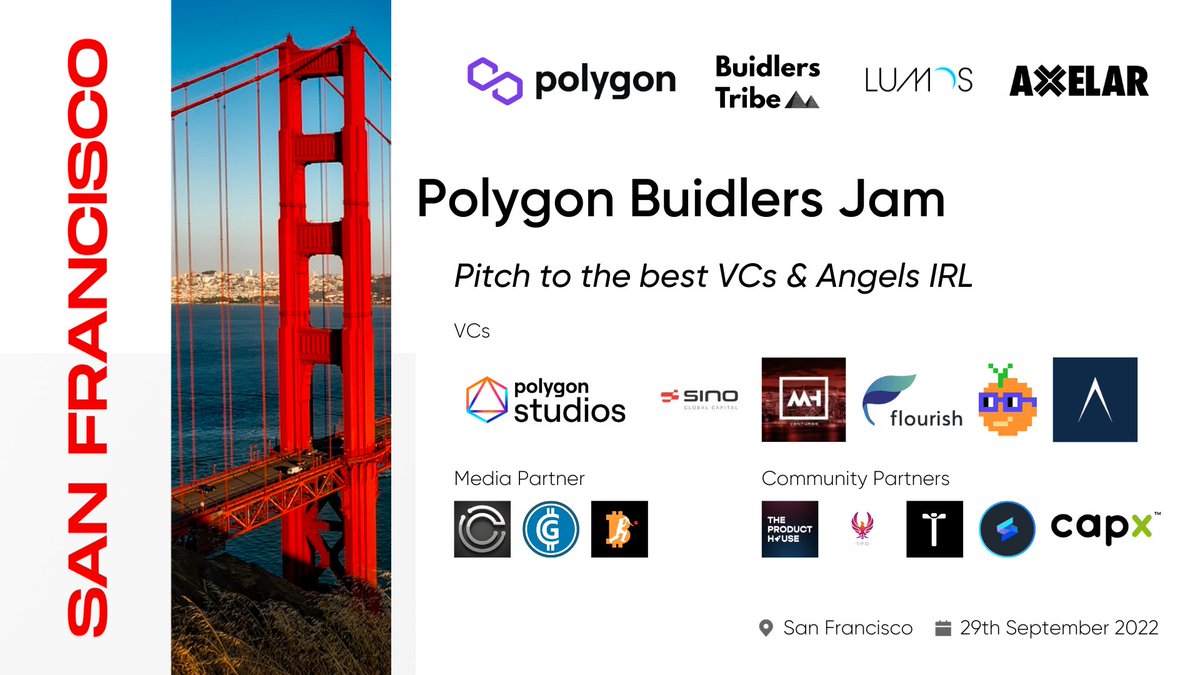 Rabble (@0xrabble) on Twitter photo Announcing our 3rd pitch competition with <a href="/0xPolygon/">Polygon</a>, <a href="/LabsLumos/">lumos labs</a> and <a href="/axelarcore/">Formerly Axelar, now at @axelar</a> in San Francisco.
Apply Now ๐ buidl.so/polygon-buidleโฆ
5 awesome startups will pitch to reps from @polygonstudios @SinoGlobalCap <a href="/MH_Ventures/">MH Ventures</a> <a href="/FlourishVC/">Flourish Ventures</a> <a href="/OrangeDAOxyz/">Orange DAO ๐ | founders wanted</a> <a href="/ArcanumCapital/">Arcanum Capital</a> Announcing our 3rd pitch competition with <a href="/0xPolygon/">Polygon</a>, <a href="/LabsLumos/">lumos labs</a> and <a href="/axelarcore/">Formerly Axelar, now at @axelar</a> in San Francisco.
Apply Now ๐ buidl.so/polygon-buidleโฆ
5 awesome startups will pitch to reps from @polygonstudios @SinoGlobalCap <a href="/MH_Ventures/">MH Ventures</a> <a href="/FlourishVC/">Flourish Ventures</a> <a href="/OrangeDAOxyz/">Orange DAO ๐ | founders wanted</a> <a href="/ArcanumCapital/">Arcanum Capital</a>