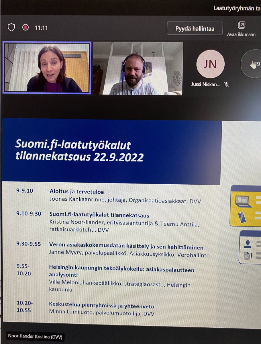 Suomi.fi-laatutyökalut ja kokemukset asiakaskokemuksen kehittämisestä ja -palautteiden käsittelystä julkisella puolella kiinnostavat. Laaturyhmän tapaaminen meneillään, joulukuussa vielä yksi - sitä ennen ehtii ottamaan Laatutyökalut käyttöön. Ota yhteys <a href="/noorilander/">KristinaNoor-Ilander</a>