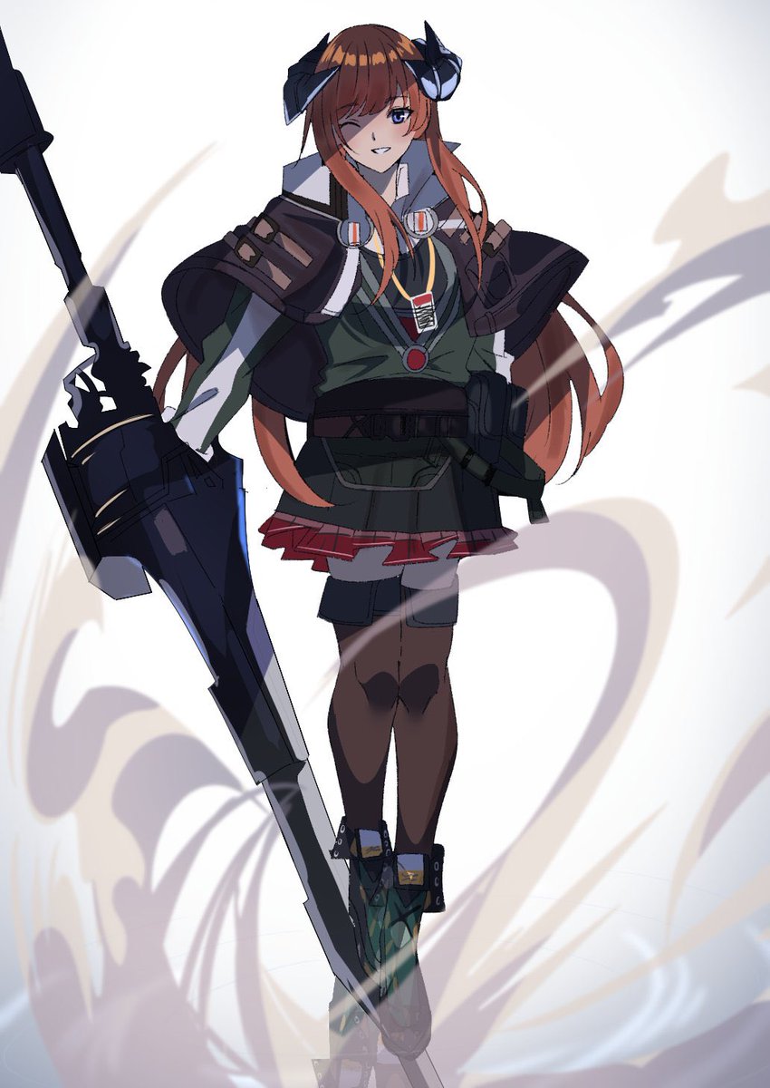 1girl solo horns skirt green jacket weapon long hair  illustration images