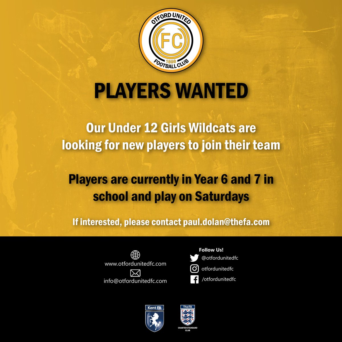 Otford United FC (@otfordunitedfc) on Twitter photo ๐ข PLAYERS WANTED ๐ Our Under 12 Girls Wildcats are on the look out for new players to join their squad.
๐ โซ๏ธ
If interested please contact Paul Dolan at paul.dolan@thefa.com
#u12 #wildcats #girlsfootball #otfordunitedfc #Otford #COYO #UptheOs ๐ข PLAYERS WANTED ๐ Our Under 12 Girls Wildcats are on the look out for new players to join their squad.
๐ โซ๏ธ
If interested please contact Paul Dolan at paul.dolan@thefa.com
#u12 #wildcats #girlsfootball #otfordunitedfc #Otford #COYO #UptheOs