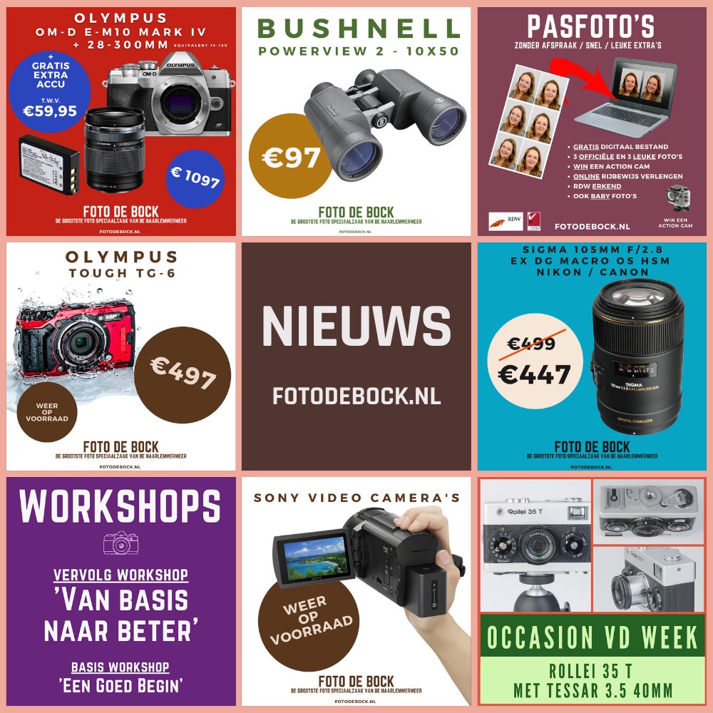 #FotoDeBock Nieuws van 22-9-2022

fotodebock.nl/foto-de-bock-n…

WIN EEN ACTION CAM: eepurl.com/bMYXKn

#VervolgWorkshop #MacroFotografie #KodakKleurenFilm #Uitreiking #FotoVanDeMaand
#OccasionVanDeWeek #KassaKortingen #Sony #Olympus #Nikon #Actie #Workshops