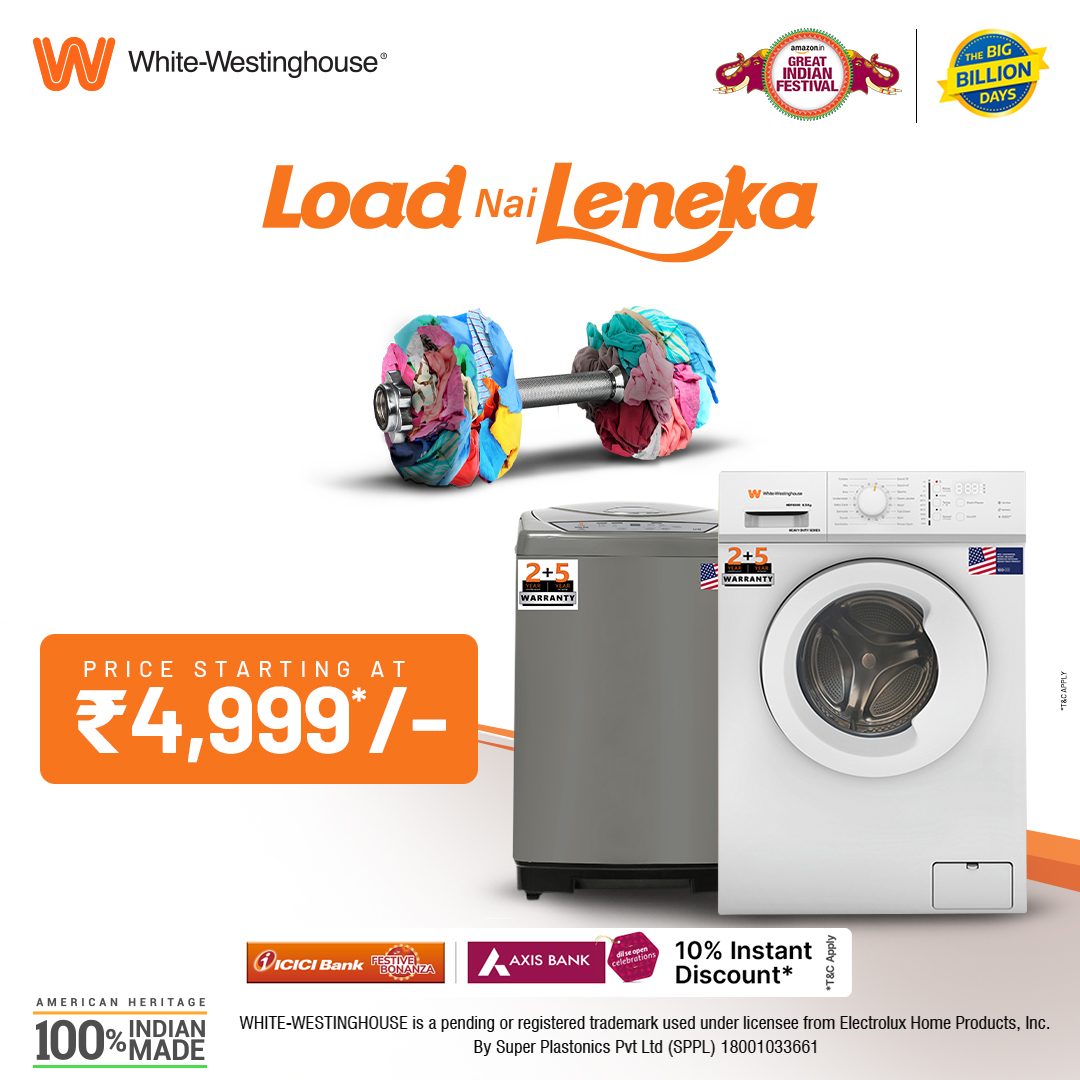 wwhindia's tweet photo. Fast and reliable washing machines are up for grabs at an exceptionally low price. Toh bas #LoadNaiLeneKa, bindass ho kar shopping karne ka. SALE is LIVE.
Shop Now: https://t.co/pwxT71eMj6
#WhiteWestinghouseIndia #Technology #Laundry #WashingMachine #DryingMachine #Flipkart https://t.co/NEY2cQoFmF