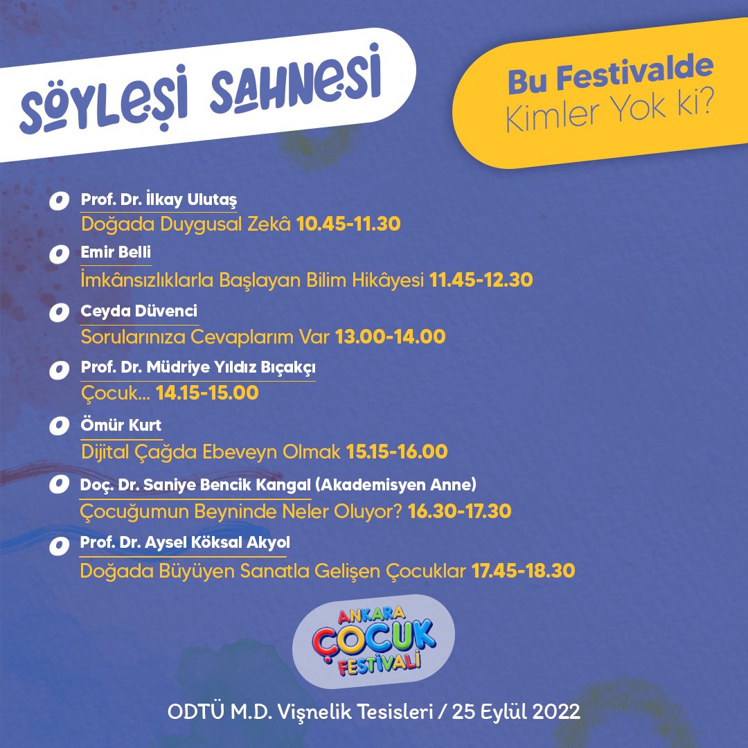 Ankara Çocuk Festivali Söyleşi Sahnesi’nin seçkin konukları,  bilgi ve birikimleriyle ebeveynlerin hayatlarına ışık tutacak.✨✨✨

#doğayıseveğlenceyesarıl 
#çocuklaçocukolanfestival
🌳
 #ankaraçocukfestivali #çocukfestivali  #söyleşi  #söyleşisahnesi #festival #doğa #aile