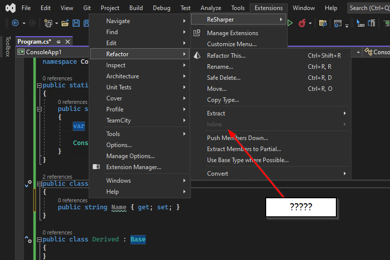 Wilka's tweet photo. @resharper I don't have that option in the "Refactor This" list, and the "inline" command is disabled in the top-level refactor menu https://t.co/iz0tQIYPhv