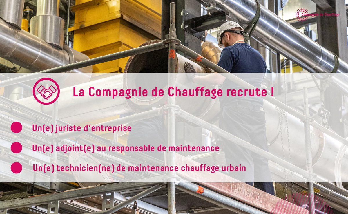[#RECRUTEMENTS] La <a href="/Cie_Chauffage/">Compagnie de Chauffage</a>  recrute de nombreux profils !
- un(e) juriste d’entreprise
- un(e) adjoint(e) au responsable de maintenance  
- un(e) technicien(ne) de maintenance chauffage urbain
... et pleins d'autres
 Pour découvrir et candidater 👉 bit.ly/3Kp1uPn
