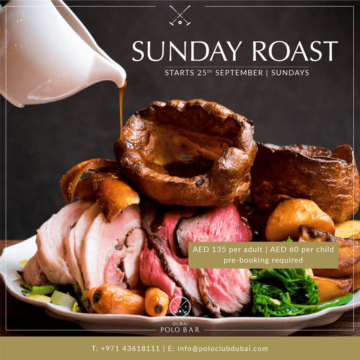 Looking for a traditional #SundayRoast for the family? Head to #DubaiPoloBar for a succulent oven-roasted meat carved off the bone, with your choice of beef or lamb and served with classic sides plus the Yorkshire pudding.
 
Sundays from 1:00 to 4:00PM
 
Book now: +971 4 361 8111