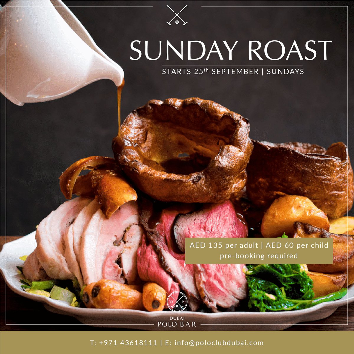 Looking for a traditional #SundayRoast for the family? Head to #DubaiPoloBar for a succulent oven-roasted meat carved off the bone, with your choice of beef or lamb and served with classic sides plus the Yorkshire pudding.   Sundays from 1:00 to 4:00PM   Book now: +971 4 361 8111