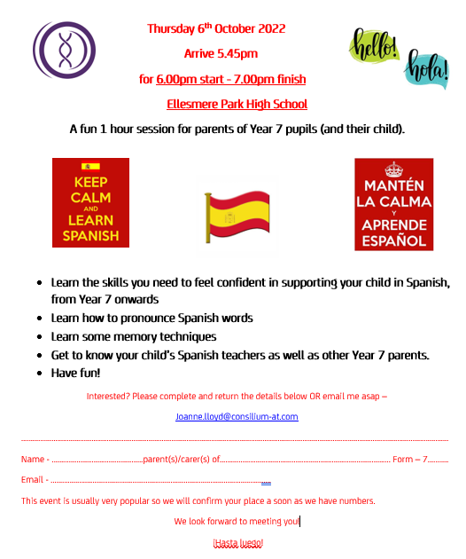 EllesmerePark's tweet photo. Calling all Year 7 parents and carers! Come along to our fantastic Spanish session here at Ellesmere Park! On Thursday 6th October from 5:45pm!πͺπΈπ #Hola #Spanish #TeamEllesmere https://t.co/9XhMsmVgxZ