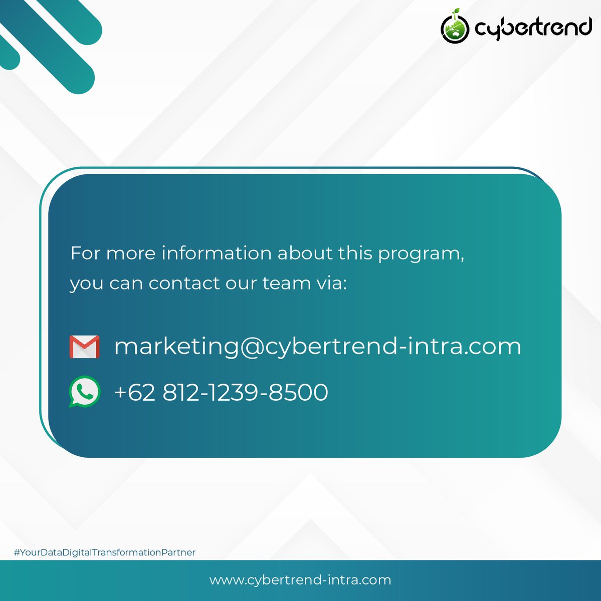 CIntrabuana's tweet photo. Cybertrend will support the corporate program by building competent data technology talent and a data-driven organization. 

For more information about this program, you can contact our team or via the website click the following link: https://t.co/UWlD5mic7Y https://t.co/PV6WYCC91H