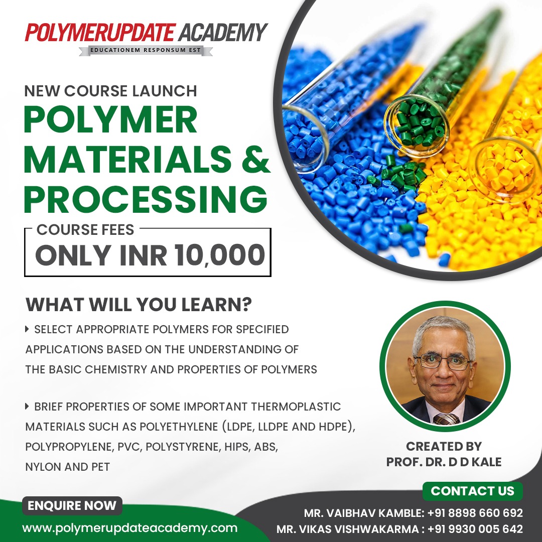 PolymerupdateA's tweet image. Get access to hours of video lectures on ‘Polymer Materials and Processing' by Prof. Dr DD Kale.  

Buy Now: polymerupdateacademy.com/course/details… 

#PetrochemicalCourses #Polymerprocessing #Polymers #Polymerupdateacademy #Extrusion #Injectionmolding #Thermoplastic