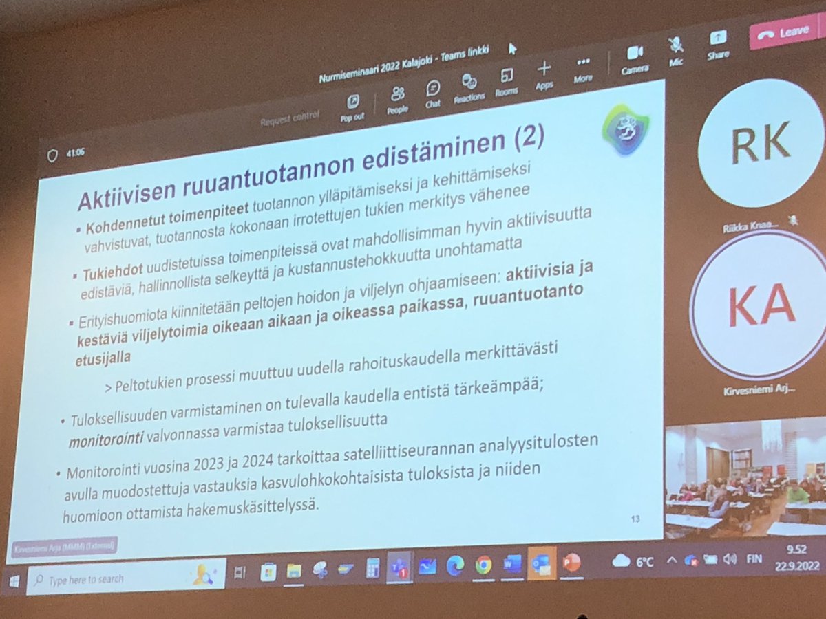 Arja Kirvesniemi <a href="/mmm_fi/">MMM</a> CAP erityishuomio peltojen viljely ja hoito, ruoantuotanto etusijalla. Kasvulohkojen satelliittiseuranta toimenpiteiden monitorointiin #nurmiseminaari2022