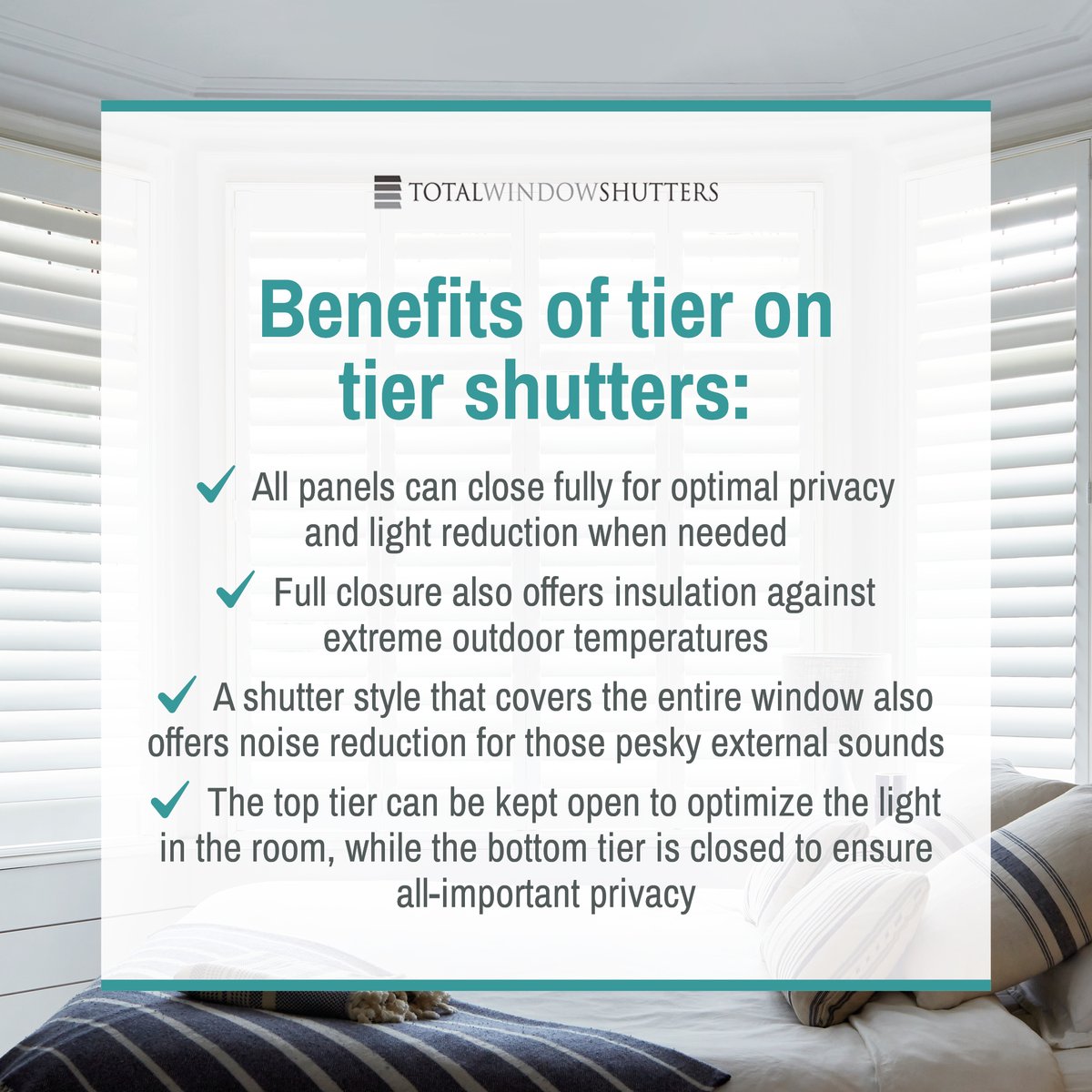 WindowTotal's tweet photo. Tier on tier shutters come in one frame and cover the full height of your window. 🏡 When measuring, you choose a dividing point where you want your panels to be split into 2 tiers. 

The benefits of this design are:
✅ All panels can close fully for optimal privacy and light ... https://t.co/NtghG3bMGX