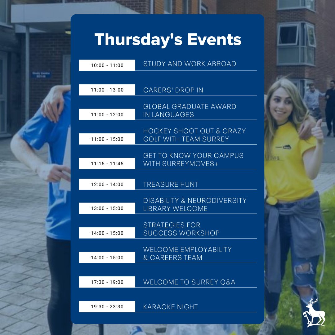 Wondering what you can get involved with on campus today? Here are a few of the events we have scheduled. 

📅 See all events, locations and times here on your Welcome Week timetable: welcome.surrey.ac.uk/timetable

#WelcomeToSurrey #LifeAtSurrey