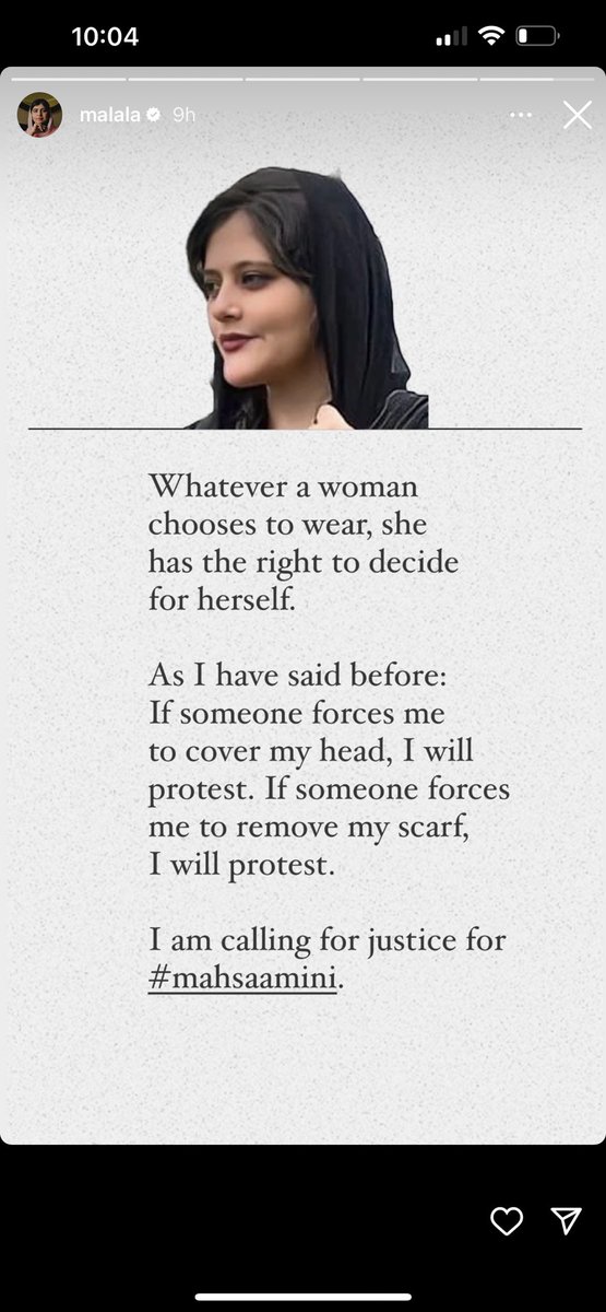 Sazan_Mandalawi's tweet photo. “If someone forces me to cover my head, I will protest. If someone forces me to remove my scarf I will protest.” - @Malala #MahsaAmini #JinaAmini https://t.co/iaCFwMkAkJ