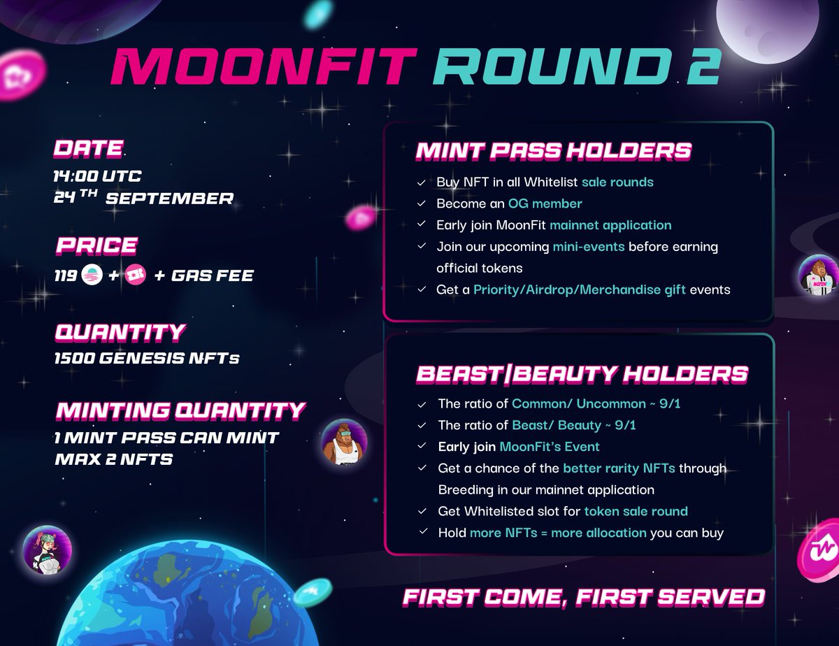 MoonFitOfficial's tweet photo. Being well prepared is the best way not to miss our Round 2😎

Catch a glimpse of a great summary of critical information for all #MoonFit Sale Rounds. You don't want to miss it!

See you at ⏰14:00 UTC on 24th Sep.
#Web3Fitness #mintpass #MoonBeast #NFTs https://t.co/QnDCg1BqbA