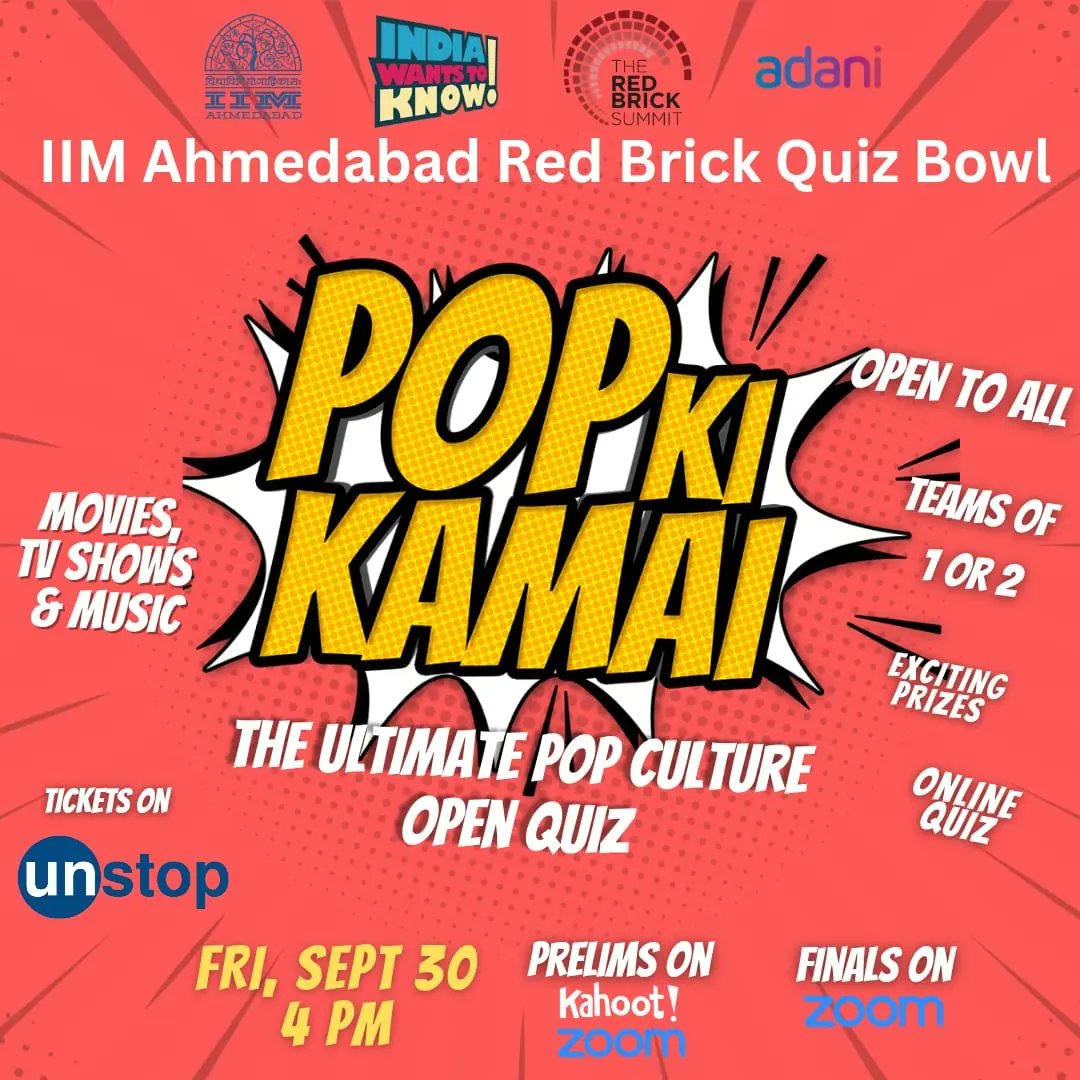 IWTKQuiz's tweet photo. 🚨Hey people! The wait is finally over!!🚨

@IIMAhmedabad Red Brick Quiz Bowl is coming up, in collaboration with India Wants To Know-India's First Panel Quiz Show. 
All details in the pictures.
Note: Teams of 1&amp;2.
Register once, and participate in both the quizzes. 
Link in bio. https://t.co/PCMDmc3aD9