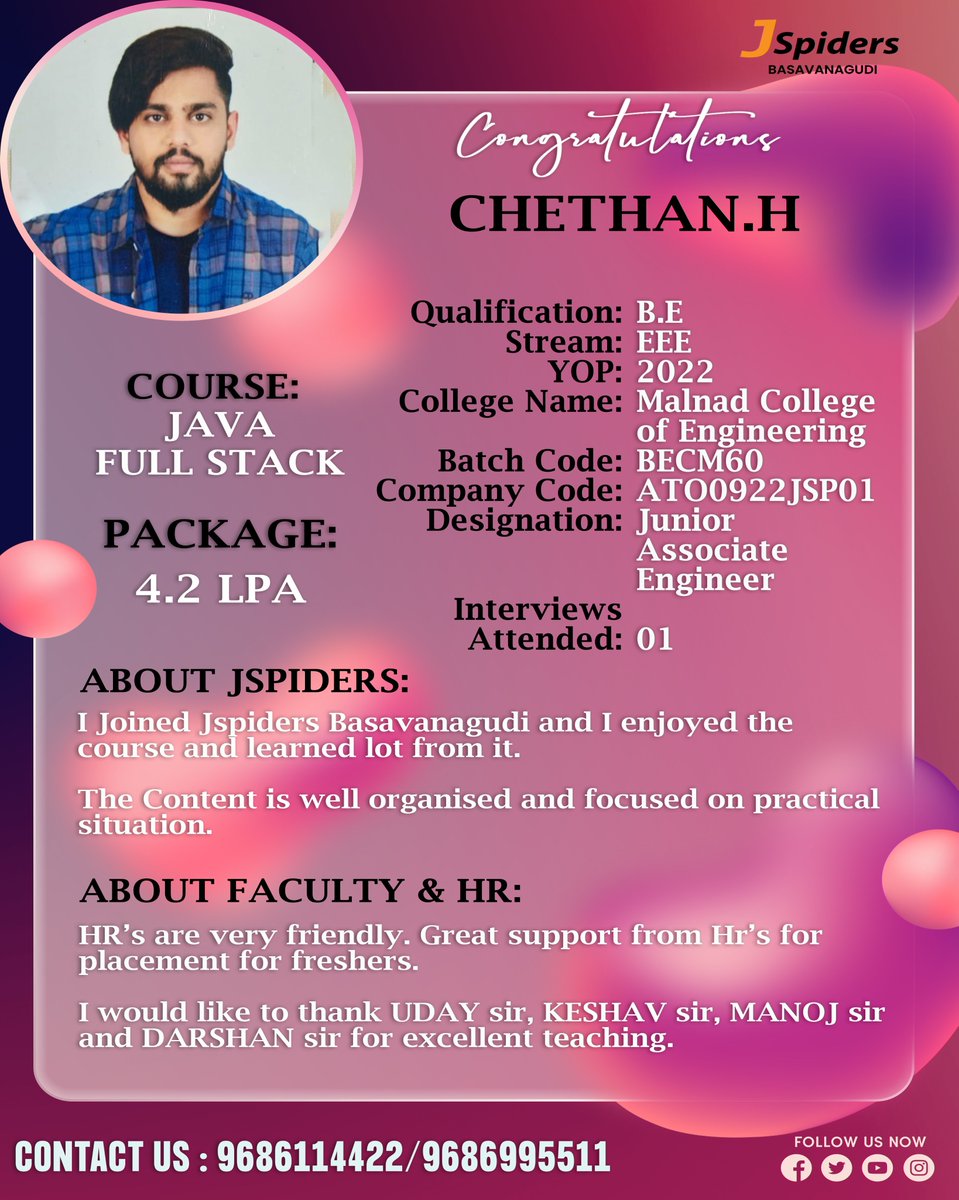 BrandingJsp's tweet image. Congratulations CHETHAN.H for getting placed as Junior Associate Engineer

#jspidersbasavanagudi
#studentreview
#electricalandelectronicengineering
#jspidersplacements
#java
#javaprogrammering
#worldcode
#publicspeaking
#menwhocode
#softwareengineer
#growwhileyoulearn