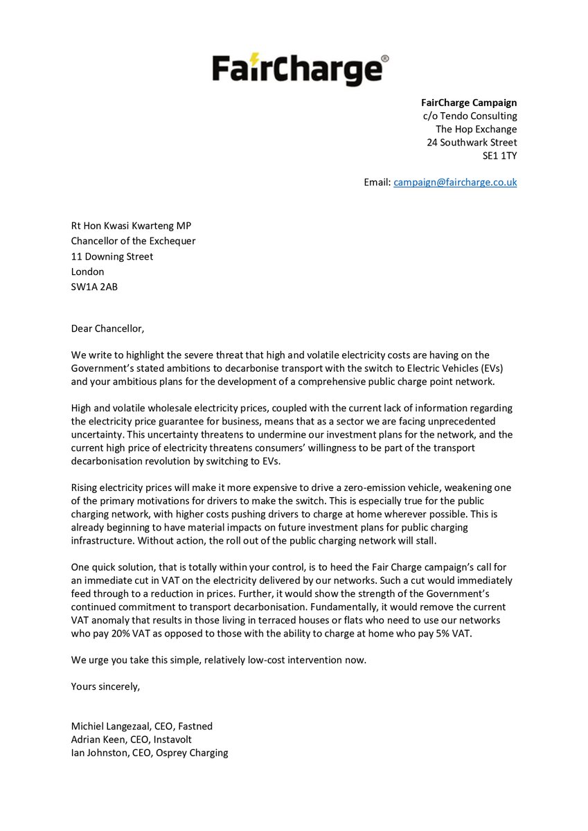 fairchargeuk's tweet photo. We have coordinated a letter from charge point operators to @hmtreasury and @KwasiKwarteng  calling on him to immediately cut VAT on public charging or risk the roll-out of the charging network stalling. https://t.co/lD1uXzJkHw
