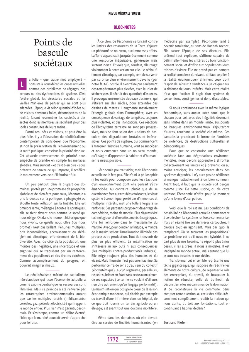 revmedsuisse's tweet photo. "La folie – quel autre mot employer? – consiste à considérer les crises actuelles comme des problèmes de réglages, des erreurs ou des dysfonctions de système."

➡Le bloc-notes de @BertrandKiefer est à retrouver dans notre dernier numéro : https://t.co/pNUfeickfm https://t.co/t5I8WXXKjQ
