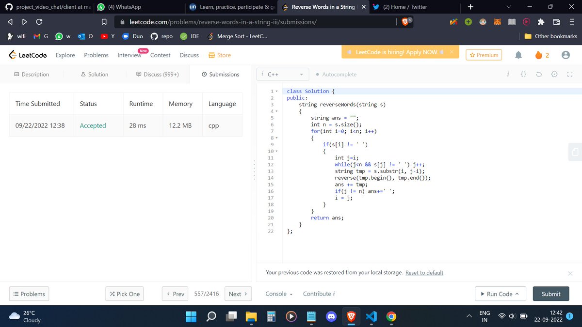SumrenderS's tweet photo. Day 84 of 100 Days of Code
@CodeinCommunity @MinutesCoding
Q. reverse strings iii
Code: https://t.co/E3nvFMEaTw
Discord community: https://t.co/MMcOpdlIX2
#100daysofcodechallenge #codeincommunity #codein100daysofcode #s100daysofcode #coding https://t.co/T6ZXIxzsFo