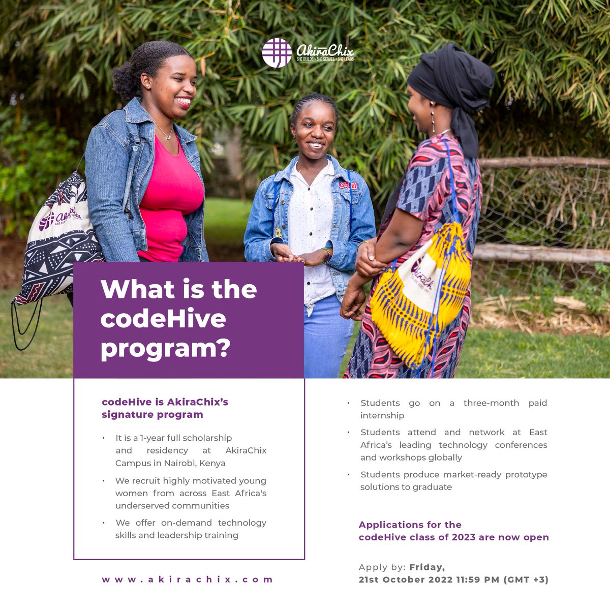 akirachix's tweet photo. We are currently recruiting for the #codeHiveClassOf23. Young women between 18 & 24 years, who have completed their high school education but are unable to further their education due to financial constraints are highly encouraged to apply: https://t.co/oc9R1Wz3hZ https://t.co/NTx0r88pbx