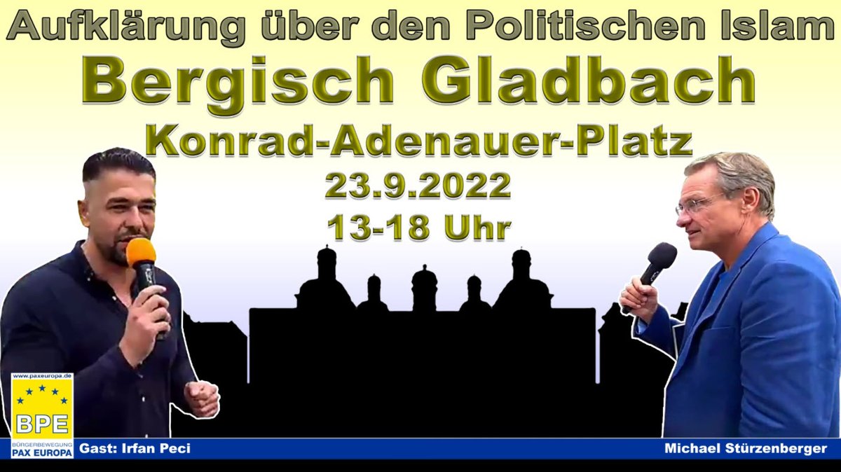 MichaelStuerzi's tweet photo. Die Kundgebungstour der Bürgerbewegung PAX EUROPA e.V. zur Aufklärung über den #PolitischenIslam geht weiter. Bis Mitte November. Jedes Wochenende. Wo so viele aus Angst oder falsch verstandener "Toleranz" schweigen, müssen andere reden. Die #BPE tut es. Und zwar deutlich https://t.co/Dhwe9bTDjs