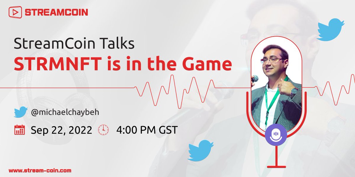 streamcoin_strm's tweet photo. We’re only a few hours away from the next #StreamCoinTalks!

Today at 4:00 PM GST, Michael will go live on the fifth Twitter Space: ‘STRMNFT is in the Game.’

#Setareminder here: https://t.co/teNHzOCm1h

#TwitterSpaces  #PodcastAndChill #NFTTalks #NFTs https://t.co/L4TDKf2bJr