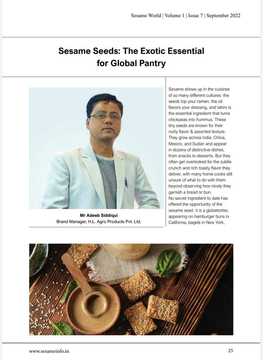 HLAgroProducts's tweet photo. Thank you #SesameWorld for glorifying this incredibly versatile #cooking staple &amp; featuring our story in your publication.

#SesameSeeds #Flavours #Food #Culinary #Ingredient
#mediacoverage #HLAgro https://t.co/6mxlPimyp0