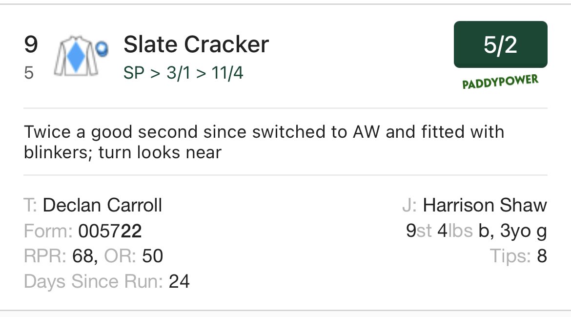 declan_carroll's tweet photo. 1️⃣runner this evening @Southwell_Races.
⏰6:30 #SlateCracker ridden by Harrison Shaw for Owner Mr Brian Chambers.
@shaw_harrison @RacingSantry https://t.co/JPb77orV08