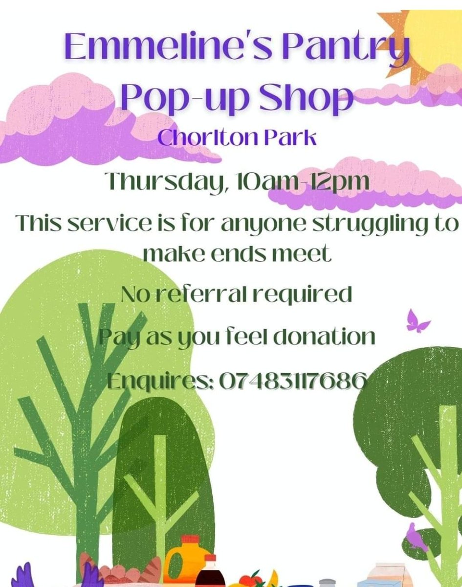 We have a pop up shop today in Chorlton Park 10am - 12pm for anyone struggling to make ends meet. No referral needed. Pay as you feel donation. Enquiries: 07483117686