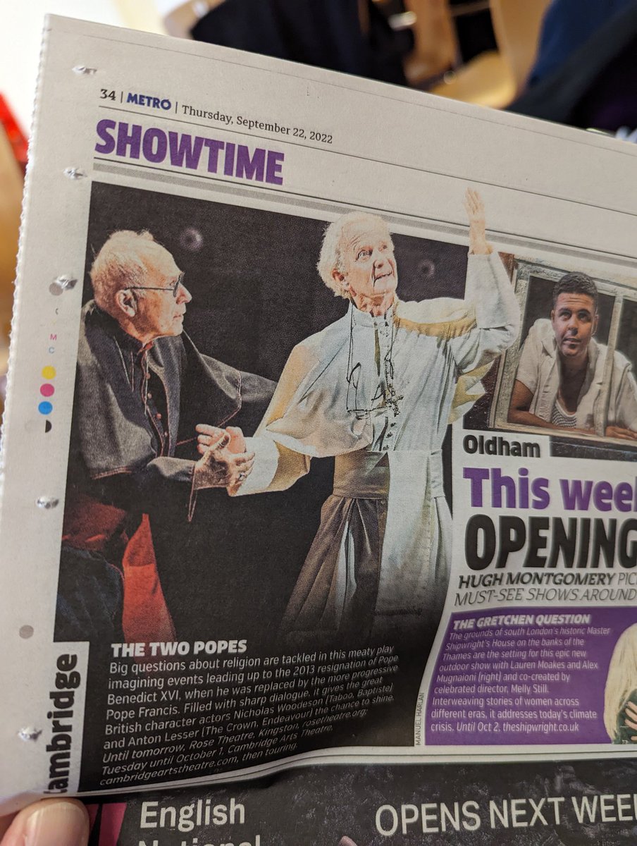 krisstig's tweet photo. First page I opened in Metro this morning when looking for the crossword. That's cheered me no end. 2 weeks to go til I get to see this legend perform live after a near 40 year wait. So nice to finally have summat to look forward to. #antonlesser #twopopes https://t.co/gnQgCSiy9T