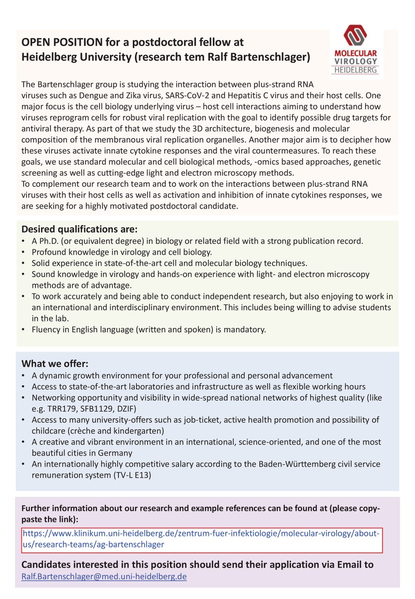 <a href="/BartenschlagLab/">Molecular Virology Heidelberg</a> has a postdoc position available studying the cell biology underlying plus-strand RNA virus-host interaction at <a href="/uniklinik_hd/">Universitätsklinikum Heidelberg</a>. Further information about our research: molecular-virology.uni-hd.de.
Interested? Apply here👇. Please RT.