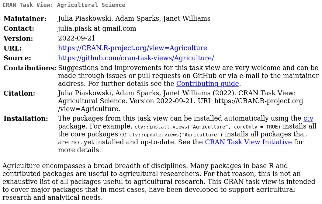 New CRAN Task View: Agricultural Science
#agriculture #rstats

By Julia Piaskowski @seedsandbreeds, Adam Sparks @adamhsparks, Janet Williams

URL: CRAN.R-project.org/view=Agricultu…