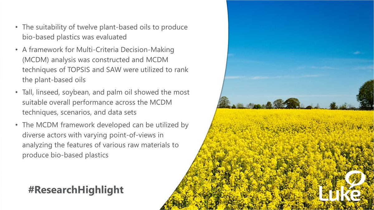 MVahvaselka's tweet image. New paper: A multi-criteria decision-making framework and analysis of vegetable oils to produce bio-based plastics 
👉👉doi.org/10.1016/j.indc…👈👈
#LukeResearch #ResearchHighlight #ValueBioMat #openaccess @LukeFinlandInt @LauAkr