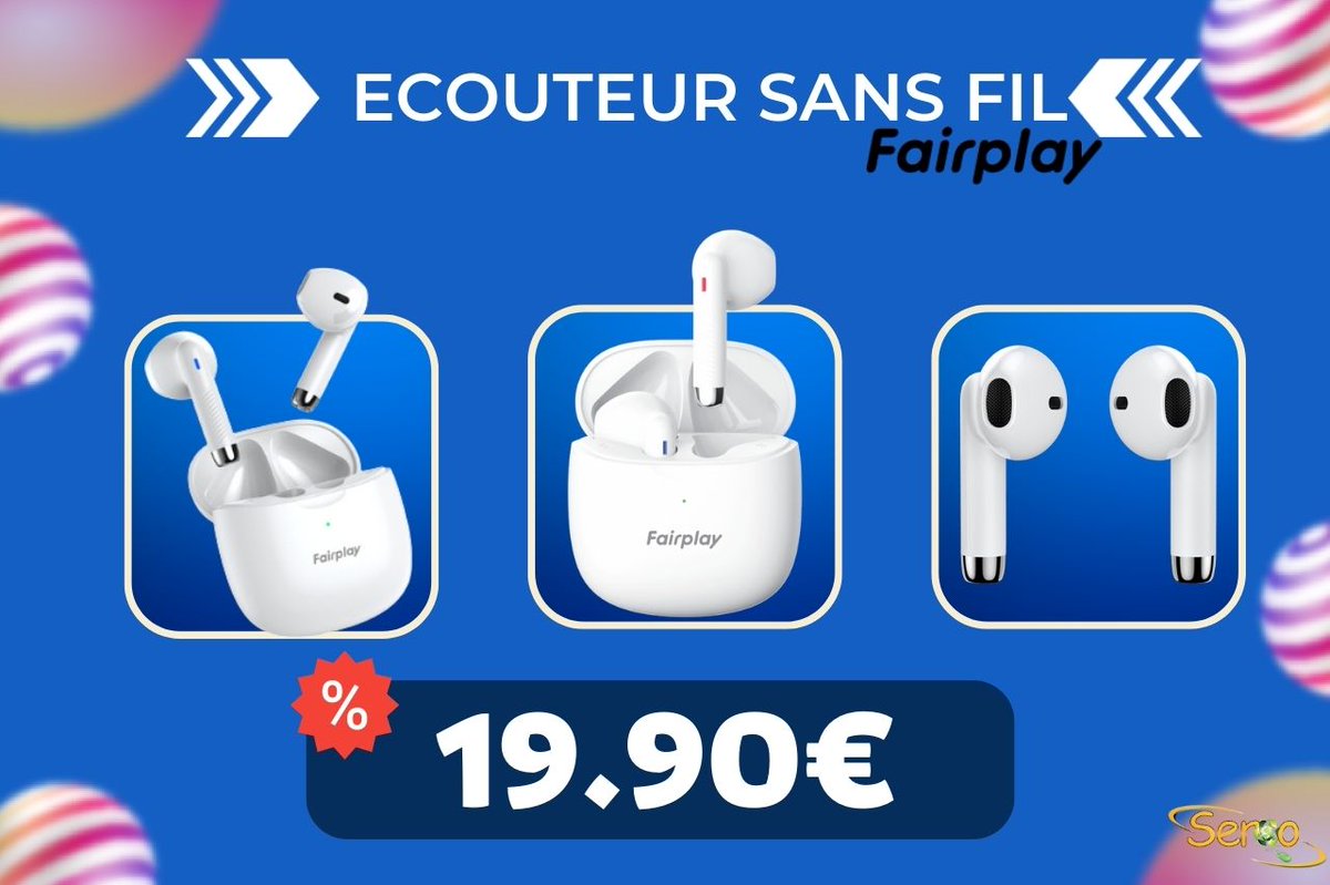 seroo_fr's tweet photo. Bonne affaire du jour chez SEROO💵

👉Ecouteur sans fil fairplay
▶️Bluetooth 5.1
▶️Boitier de recharge rechargeable 1 fois toutes les 7 charges des écouteurs.
🤯Et tout ca pour MOINS DE 20€ ici : https://t.co/lfRWaI6fIi https://t.co/Jetbi2vFBY