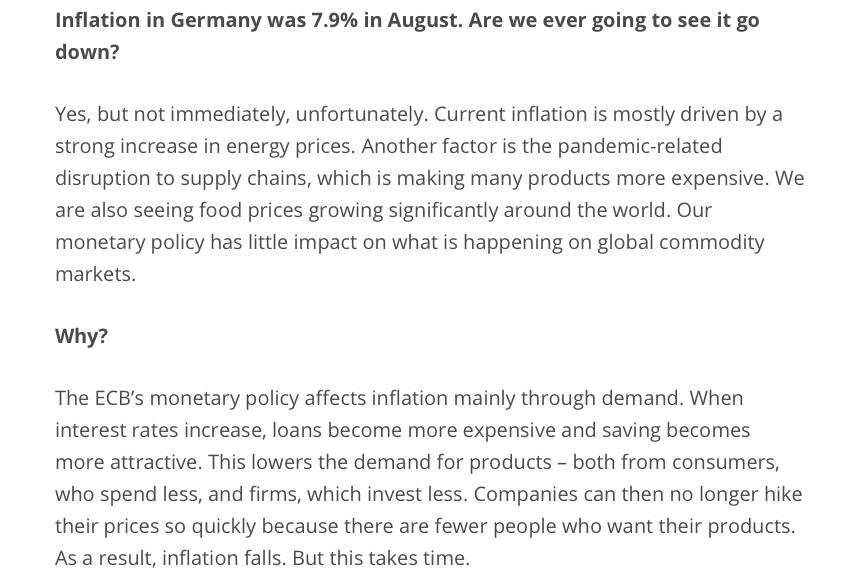 Here's the ECB's Isabel Schnabel directly acknowledging that the rise in inflation has been driven by energy prices and broken supply chains, which the ECB can do nothing about by hiking rates. Still, the ECB is now committed to deepening the recession to push down incomes/wages.