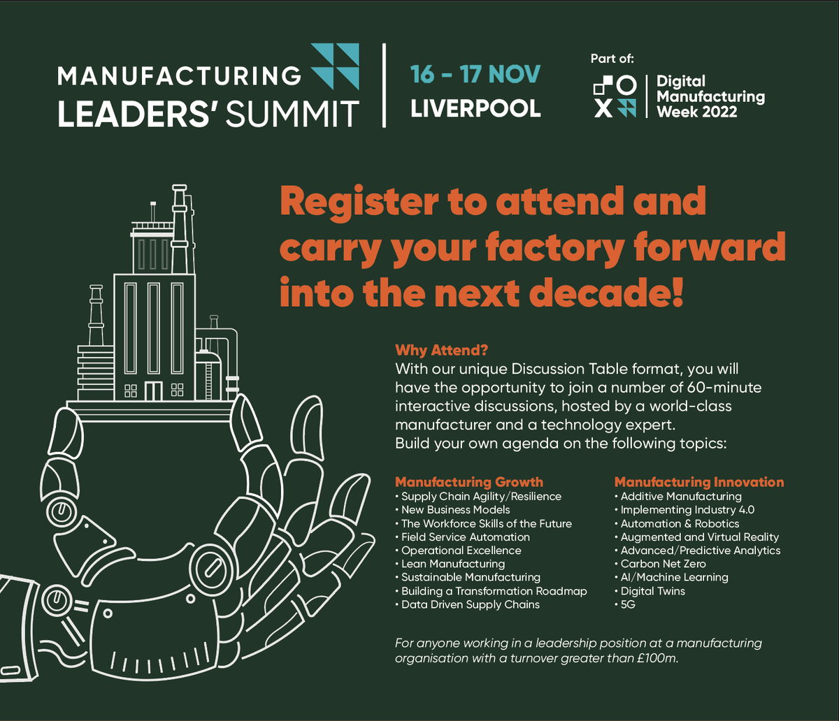 Do you need help to modernise and improve your manufacturing operation? Join us for Manufacturing Leaders' Summit as we look at how you can achieve 'Sustainable Growth Through Digitalisation'. Book your ticket now from just £150. hubs.la/Q01mX39g0

#MfgLeaders #DigiMfgWk