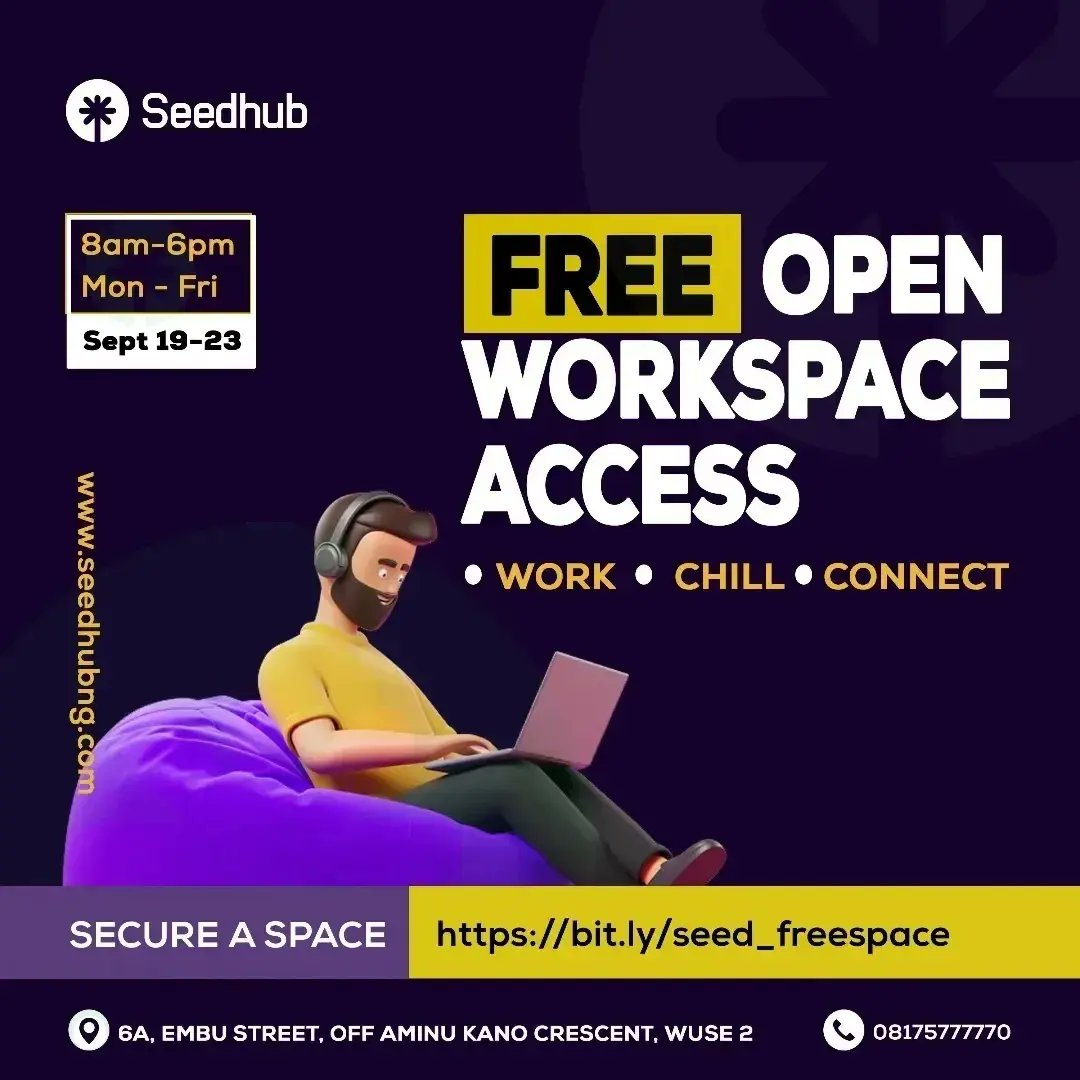 seedhubng's tweet photo. OUR DOORS ARE STILL WIDE OPEN!!

The Free access ends tomorrow! If you haven't, you can still take advantage of it

Come and Enjoy:

✅ Dedicated Desk space
✅ High speed free fibre internet
✅ Free coffee or tea 
✅ Opportunity to network with great minds just like yourself. https://t.co/u1W6T1WeKc
