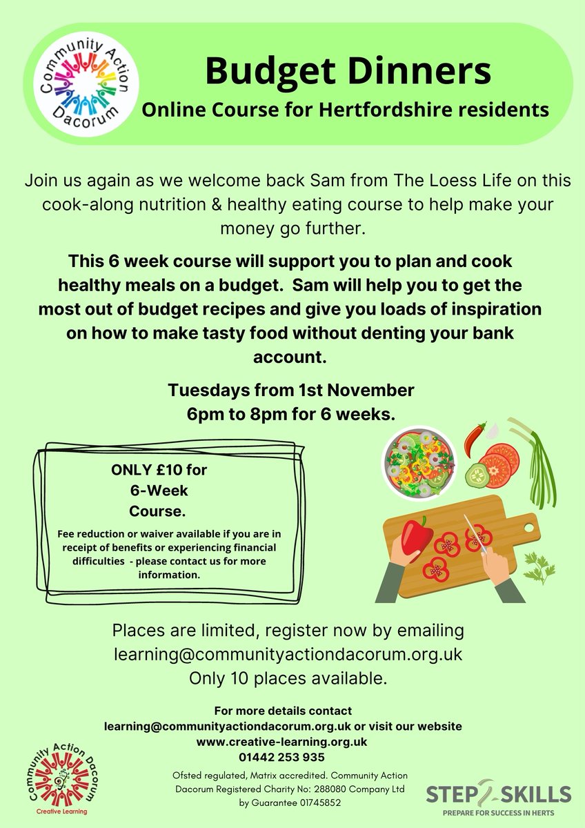 Volunteer Dacorum (@vcdacorum) on Twitter photo Community Action Dacorum are excited to welcome back Sam for how you can eat well on a budget.
Tues 1st Nov 6-8pm for 6 weeks only a £10 admin fee for the full course to secure your place: forms.gle/XNw681kMGBAWRe…
learning@communityactiondacorum.org.uk
01442 253 935 Community Action Dacorum are excited to welcome back Sam for how you can eat well on a budget.
Tues 1st Nov 6-8pm for 6 weeks only a £10 admin fee for the full course to secure your place: forms.gle/XNw681kMGBAWRe…
learning@communityactiondacorum.org.uk
01442 253 935