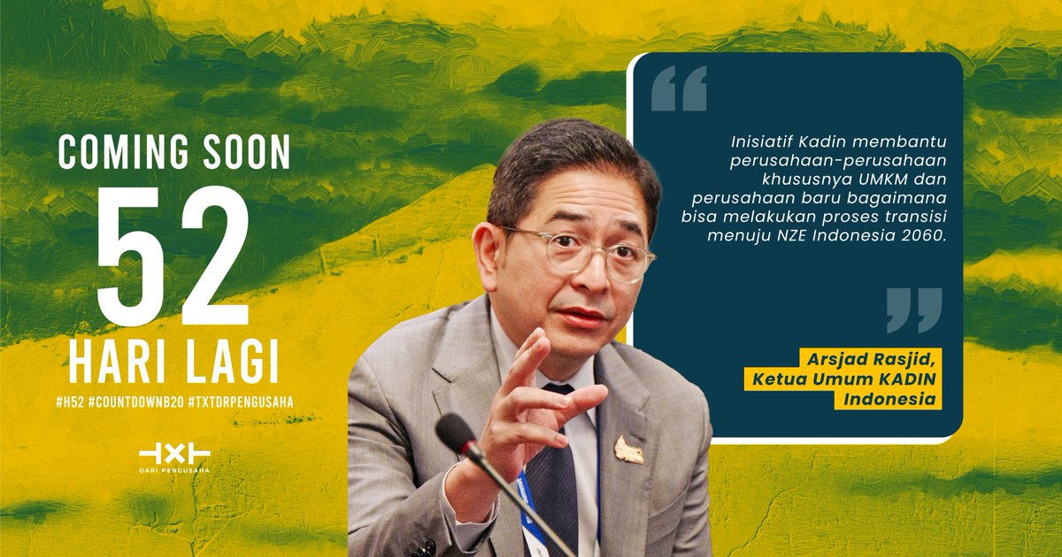 txtdrpengusaha's tweet photo. Ketua Umum Kamar Dagang dan Industri (Kadin) Indonesia, Arsjad Rasjid, mengatakan, hingga Juni 2021, ada 152 dari 16.000 perusahaan industri yang turut menjadi peserta penghargaan industri hijau tahun 2021.
#b20 #h52 #countdownb20 #lingkunganhidup #txtdrpengusaha https://t.co/005vYEiynz