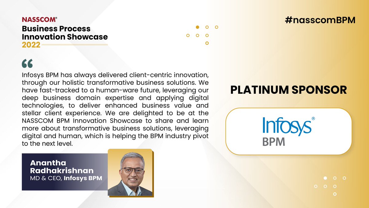 NasscomEvents's tweet photo. We are proud to welcome @InfosysBPM as our Platinum Sponsor for the Business Process Innovation Showcase 2022.
#nasscomBPM
 
Join in to learn about transformative business solutions, pivoting BPM industry to the next level!
 
🖱️https://t.co/i1HtRAsoBe
🗓️October 12
🏨Bengaluru https://t.co/4UImJOSvYg